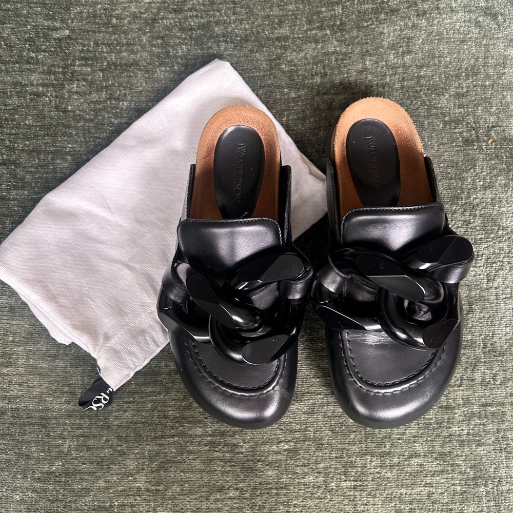 J.W. Anderson Black Enamel Chain-Link Slip-On Mules
